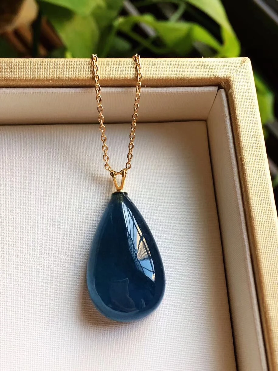 Natural Deep Blue Aquamarine Clear Crystal Women Pendant 26x15x9mm Water Drop Stone 925 Silver Necklace Pendant AAAAAA