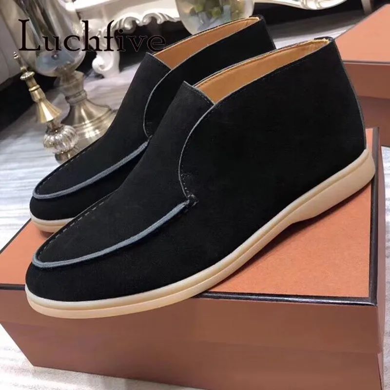 Kid Suede Leather High Top Men Loafers Slip on Open Casual Walking Shoes Spring Autumn Men Flats Leisure Lazy Shoes