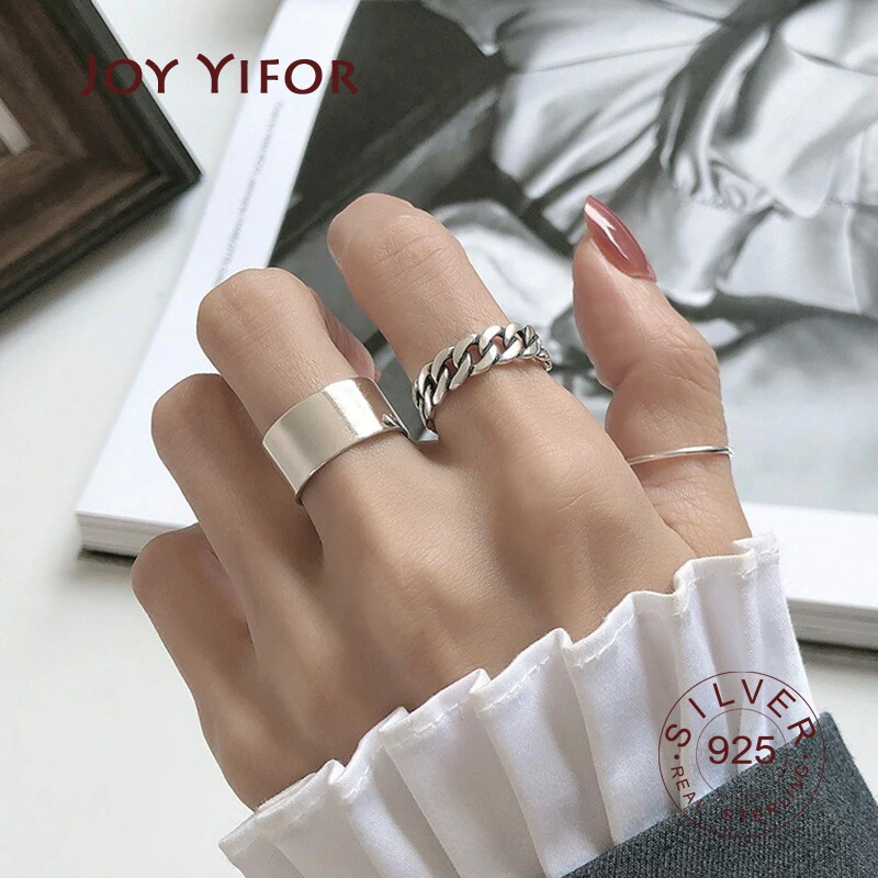 925 sterling silver adjustable rings for women Korean simple punk chain ring set statement hip hop fine jewelry