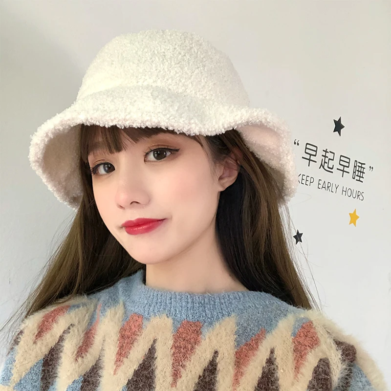 

H3533 Women Bucket Hat Girl Cute Lamb Cashmere Warm Pure Color Fisherman Cap Autumn Winter Simple Thick Student Sweet Basin Hats