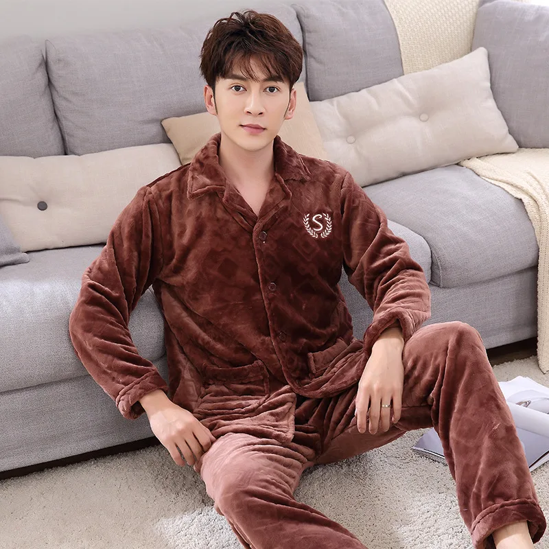 Men Lapel Sleepwear With Buttons Winter 2PCS PJS Sets Casual Flannel Pajamas Thick Warm Home Clothes Warm Intimate Lingerie