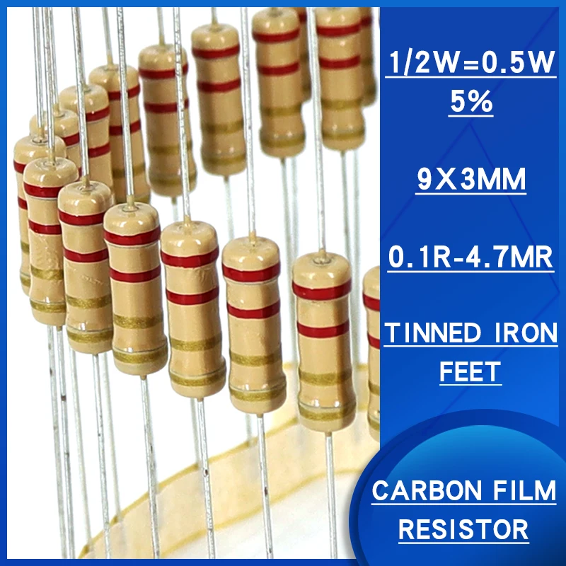 100pcs 1/2w 5% Carbon film resistor 0.1R-4.7MR ohm resistance Watts0.5 Precision5 Various specifications are available resistenc