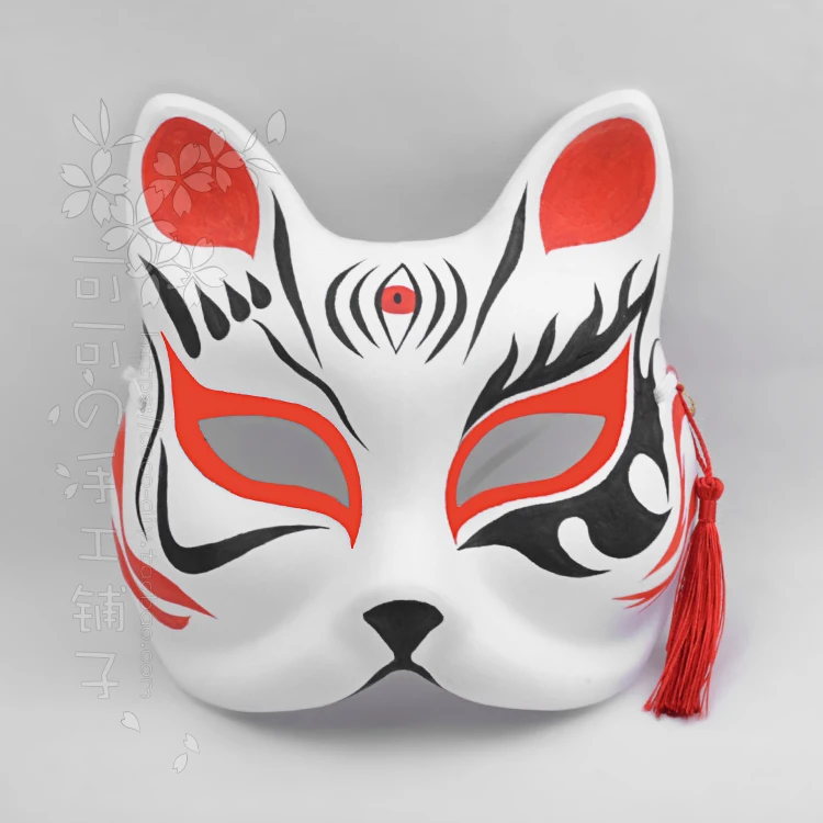 Fox Cat Mask Hand-Painted Japanese Style Cos Anime Eyes Red and Black Cosplay Eco Paper Pulp Paper