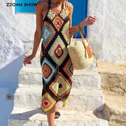 2021 Summer Holiday Robe Hand Made Contrast color Plaid Crochet Sling Dress Women V neck Backless Spaghetti Strap Dresses Robe