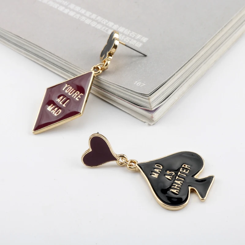 Alice In Wonderland Dangle Earrings Cute Love Heart-shaped Poker Card Asymmetrical Earring Fashion Jewelry Girls Kids Fans Gift