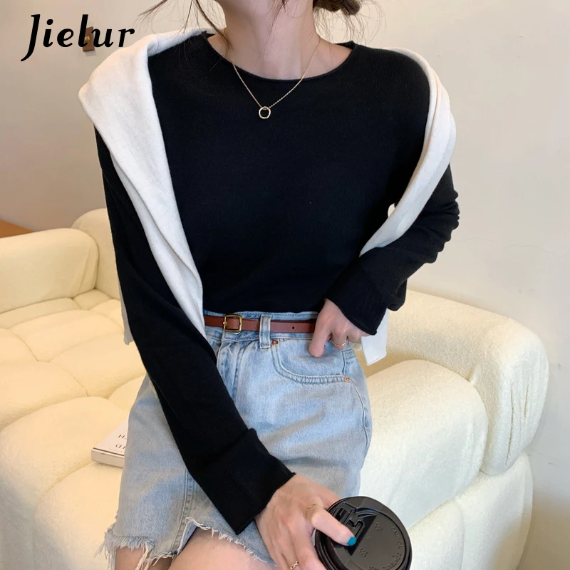 Jielur 16 Colors Autumn Winter Korean Top Female Loose Knitted Sweater Women Long Sleeve Basic Tee Shirt Casual Pure Knitwear