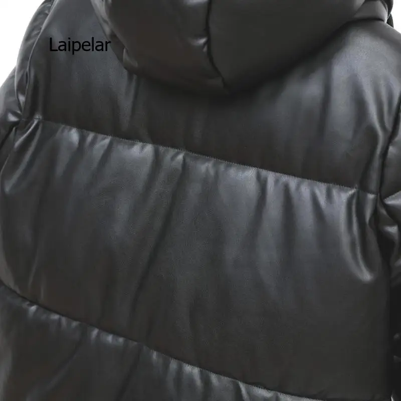 Waterproof Faux PU Leather Long Winter Hooded Jacket Women Fashion Black Warm Quilted Coats Cotton Padded Jackets Outwear