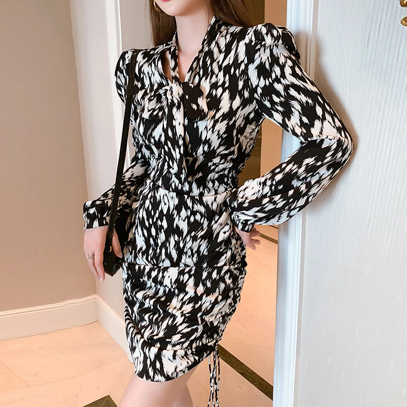 New Fashion Spring Mini Shirring Dress Ladies OL Elegant Retro Sexy Bow Neck Long Sleeve Print Skinny Bodycon Casual Short Dress