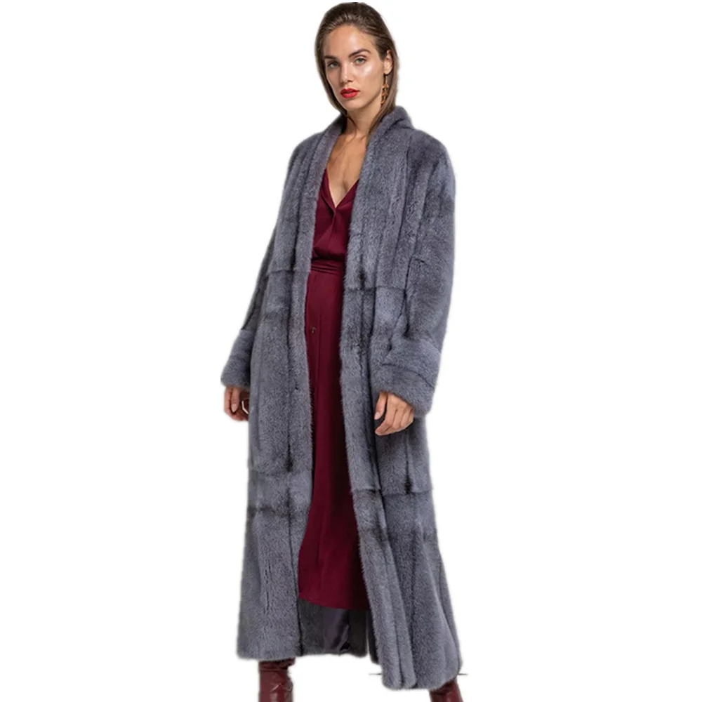 TOPFUR Real Fur Coat Women Winter Coat Women Blue Gray Natural MInk Fur Coat X-Long Leather Jacket Plus Size Outwear LN002