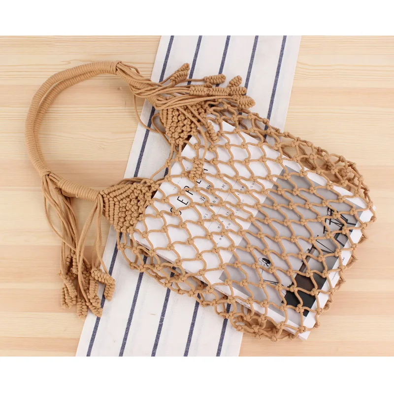 35x35CM Ins Tassel Shoulder Woven Bag Trend Female Natural Style Straw Bag Degree Handmade Cotton Rope Net Bag Beach Bag a7268