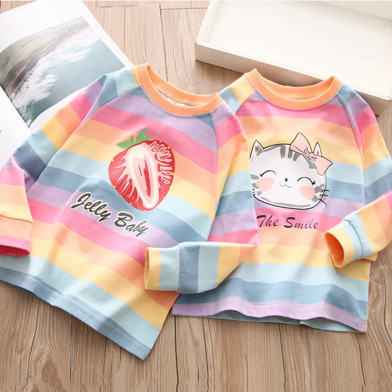 2024 Spring Autumn New 2 3 4 6 8 10 Years Children Cotton Cartoon Long Sleeve Colorful Stripe Baby Kids Girls Basic T-Shirt