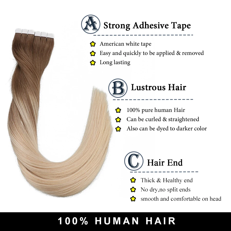 European Ombre Balayage Tape In Human Hair Extensions 100% Real Remy Human Hair Extensions Seamless Tape on Hair