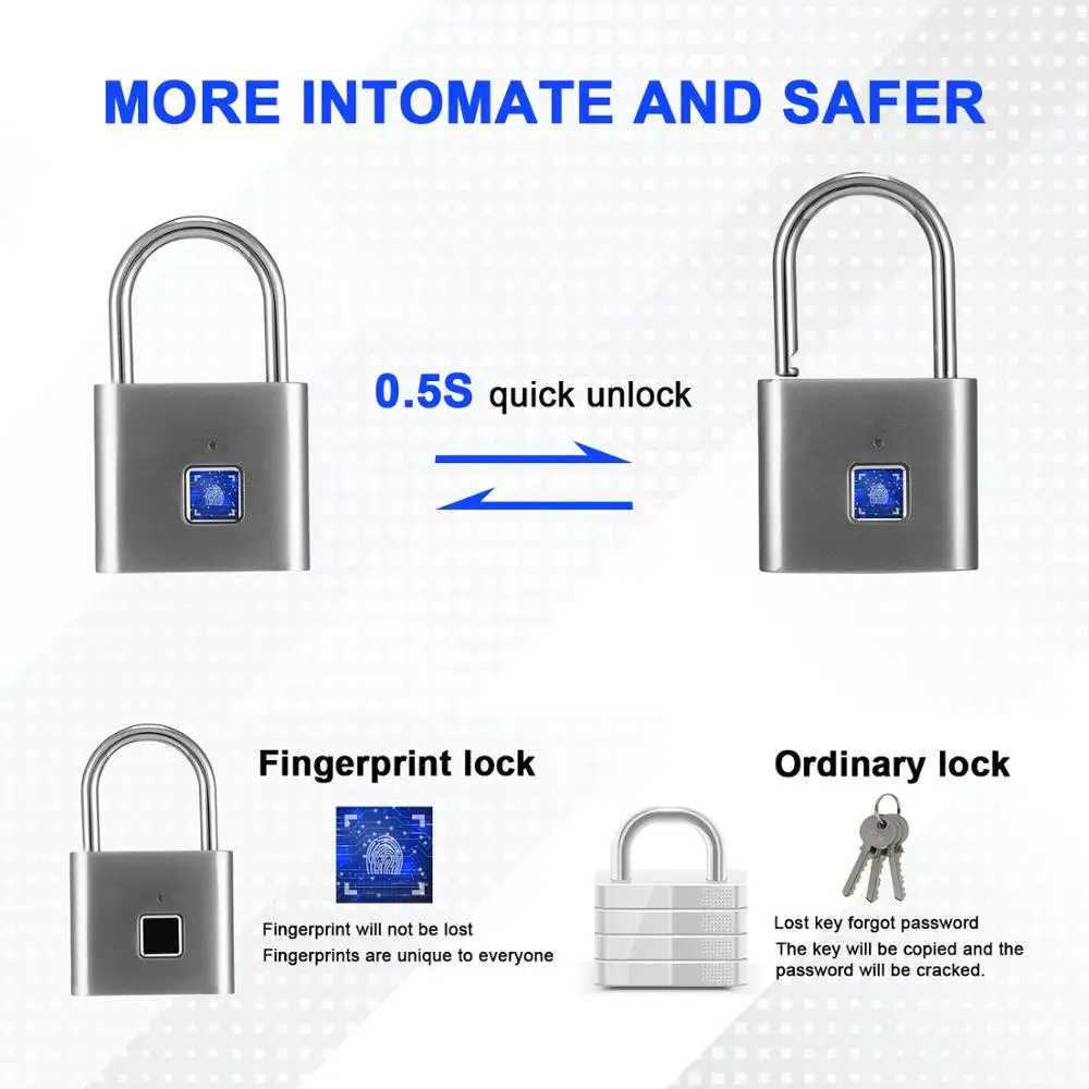 Rechargeable IP66 Waterproof Keyless Smart Fingerprint Lock Anti-Theft Security Door Luggage Case Padlock