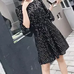 Vintage A-line Geometric Short Sleeve Fashion Elegant Beading White Black Women Cocktail Party Club Sequin Chiffon Dress 2802