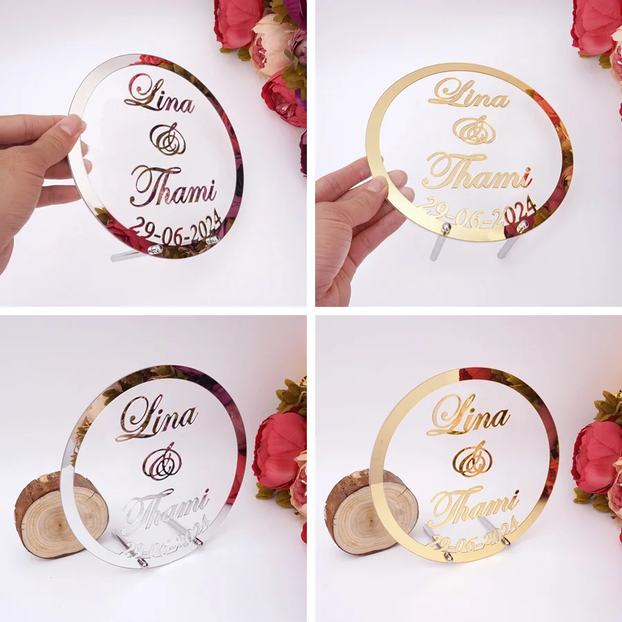 Custom Hochzeit Name und Datum Personalisierte Runde Spiegel Rahmen Acryl Shower Wort Zeichen Party Decor Mit Nagel Gast Geschenke
