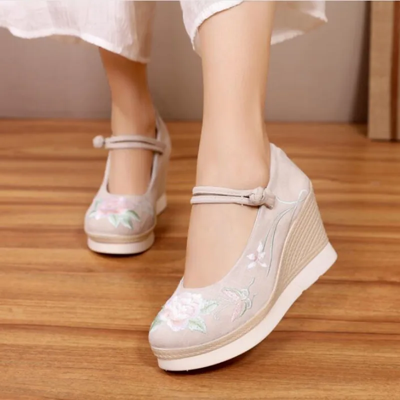 Cotton Fabric Women Wedge Pumps босоножки женские 2021 Ladies Sandals Vintage Embroidered Platform Shoes Mary Jane High Heels