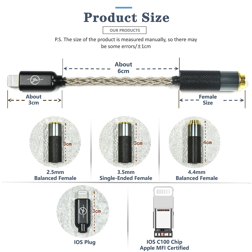 GUCraftsman HIFI 6N 단결정 실버, 아이폰 12 프로 XR 아이폰용 어댑터, 미니 11 프로 맥스 ~ 2.5mm, 4.4mm 밸런스 헤드폰 케이블