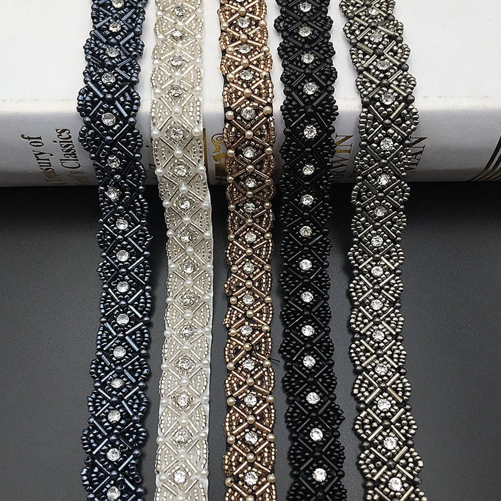 1Yard Black Pearl Rhinestones Beaded Trims Lace Ribbon Fabric Clothes Decoration Wedding Dress Collar Sleeve Lace Applique Craft