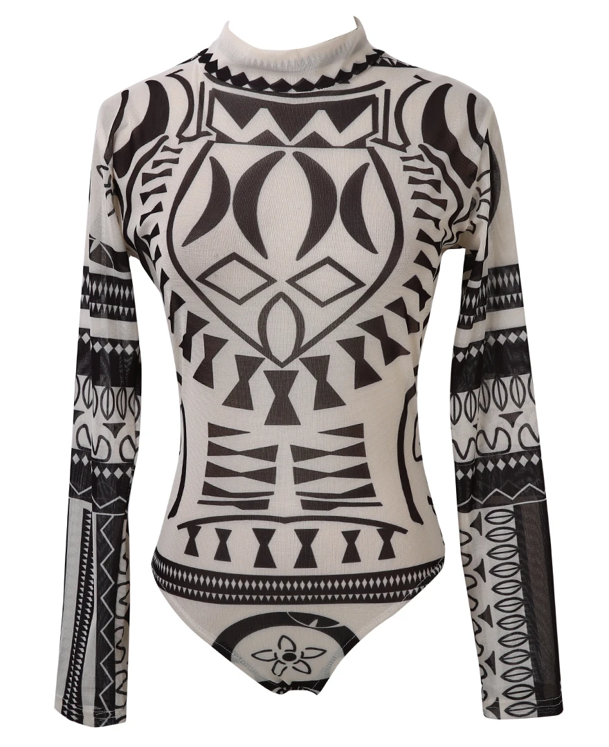 New Sexy Women Tattoo Tribal Print Stretchy Bodysuit See-Through Mesh Sheer Long Sleeve Top Lady Clubwear O Neck Bodycon