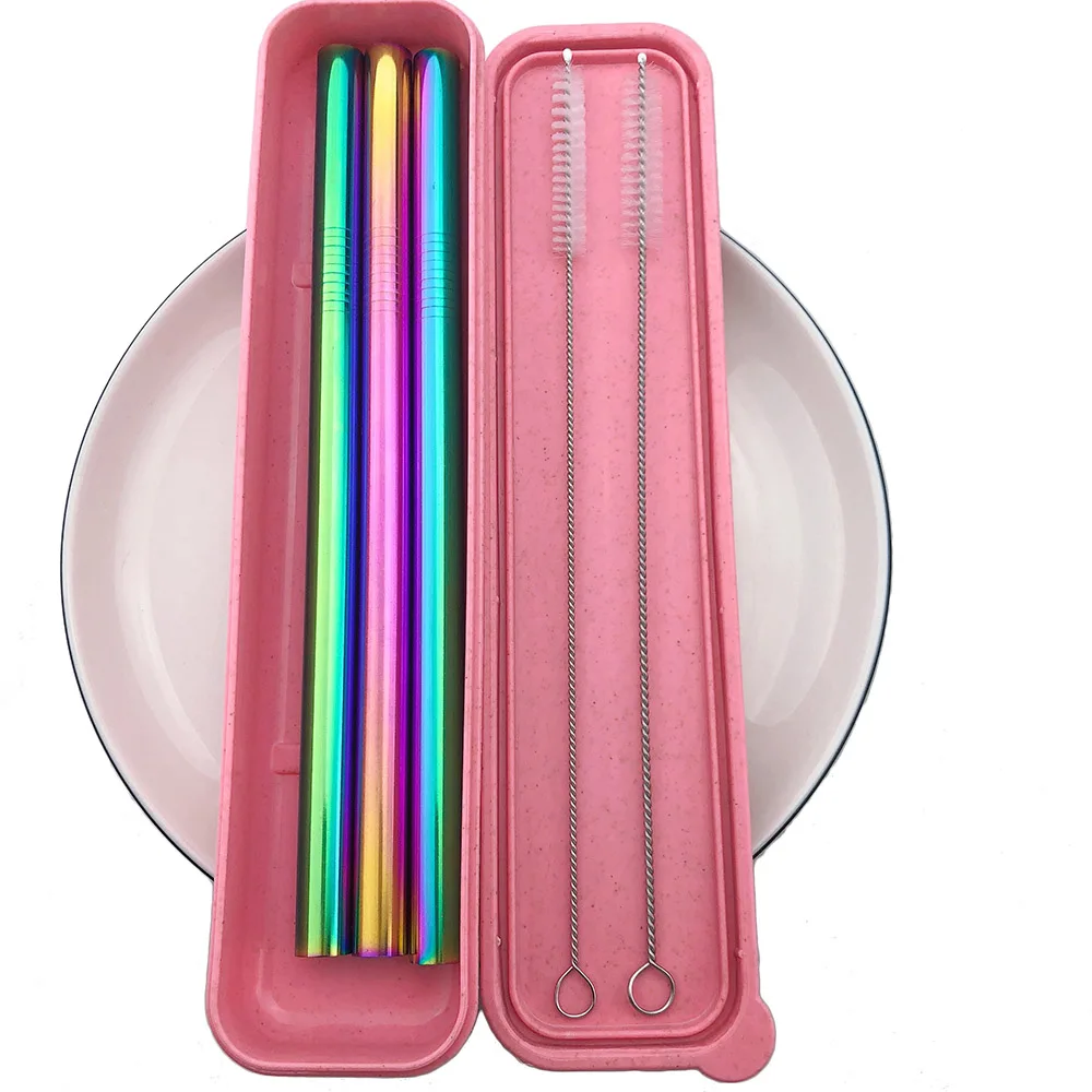 6/8/12*215mm Stainless Steel Rainbow Black Drinking Straw Reusable Straight Metal Straws Fruit Juice Milk Bar Accessories 1pc