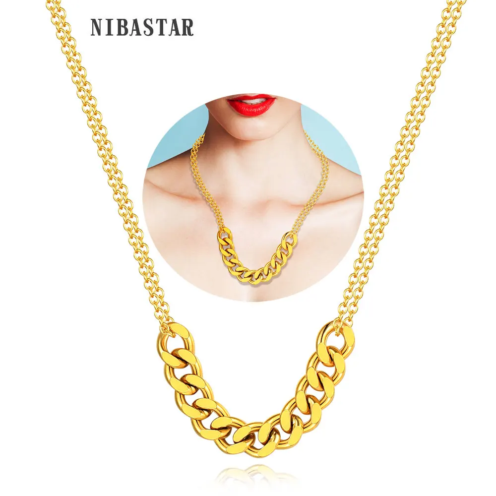 NIBASTAR Woman Punk Double Necklace Bold Cuban Chain Charm Necklace Stainless Steel Fashion Unique Casual Jewelry