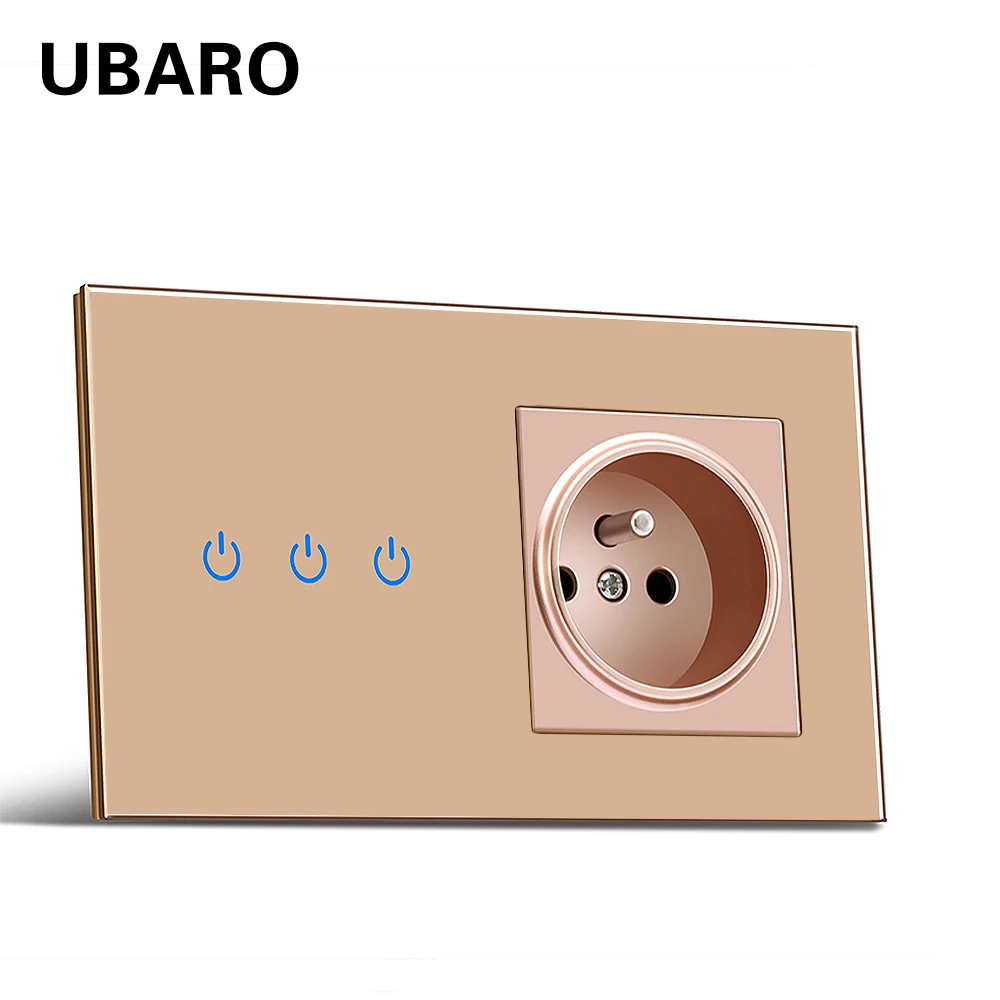 UBARO France Standard Wall Light Touch Switch With Tempered Crystal Glass Panel USB Socket Sensor Button Outlets Combination