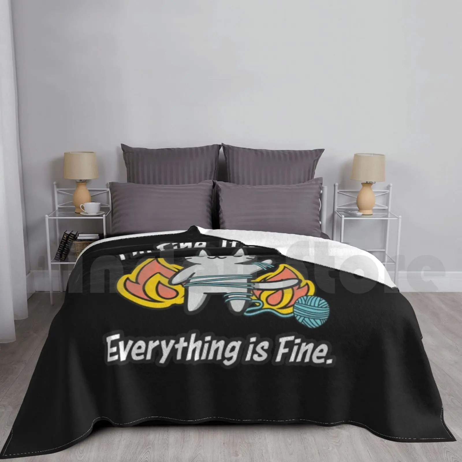 Blanket Funny I'm Fine , It's Fine , Everything Is Fine Meme Kitten Cat Mental Health Kawaii
