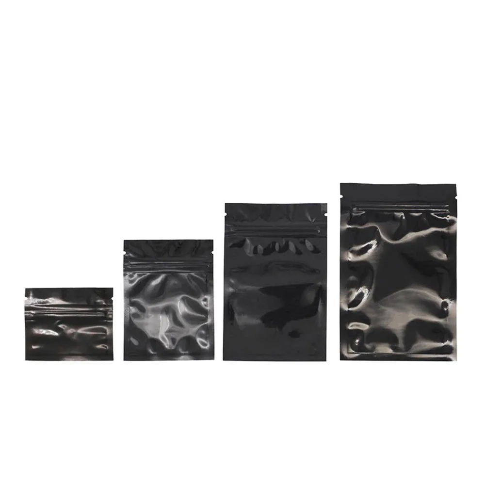 100Pcs/Lot Reusable Resealable Tear Notch Flat Pouches for Food Snack Tea Bean Glossy Black Aluminum Foil Zip Lock Bag Self Seal