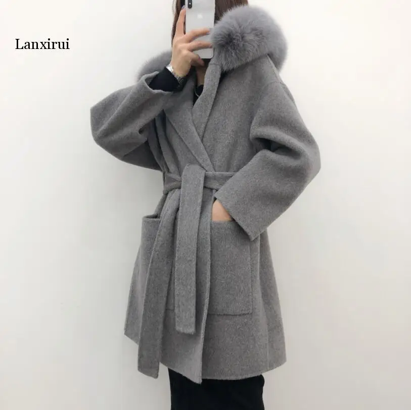 Wool Fox Fur Trim Hooded Women Wool Coat Winter Warm Woolen Overcoat Elegant Solid Color Coats With Belt