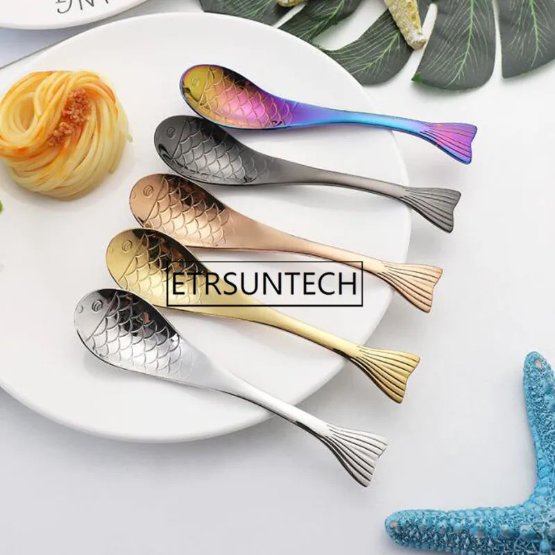 100pcs Stainless Steel Spoon Fishtail Pattern Dessert Soup Dinner Spoon Christmas Gift Western Cutlery