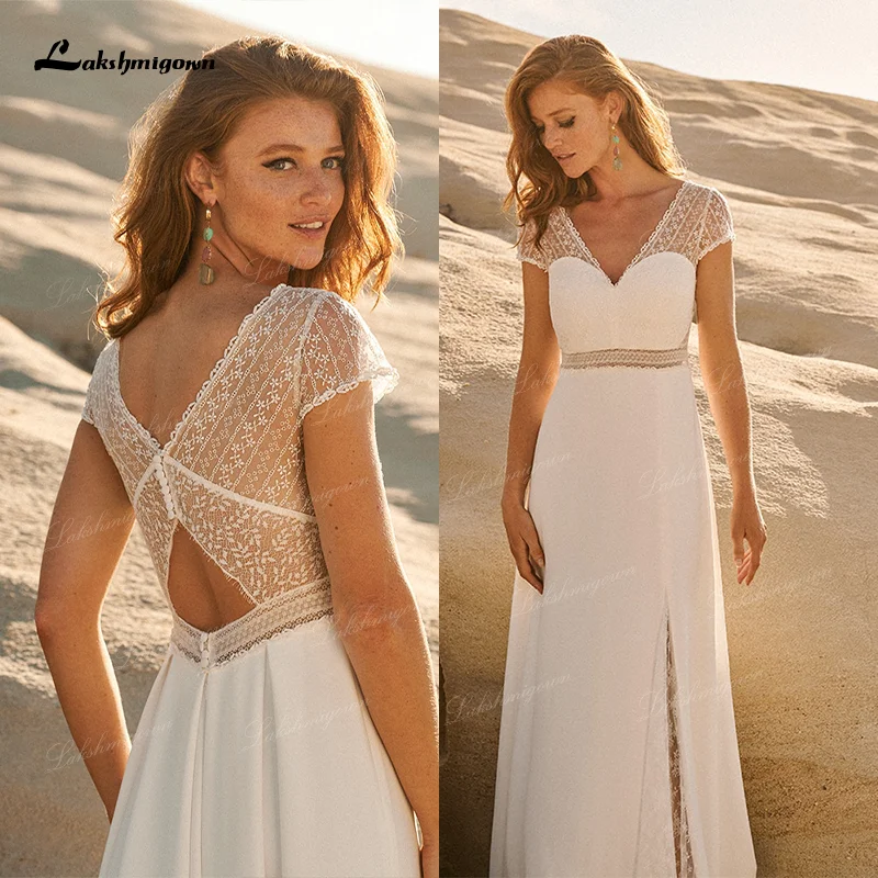 Bohemian Seaside Chic Beach Wedding Dress Cap Sleeve Lace V Neck Custom Made Simple Chiffon Bridal Gowns vestido de novia