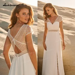 Vestido de casamento Bohemian Chic Beach, Cap Sleeve, Lace V Neck, Custom Made, Vestidos de noiva Chiffon simples, Beira-mar