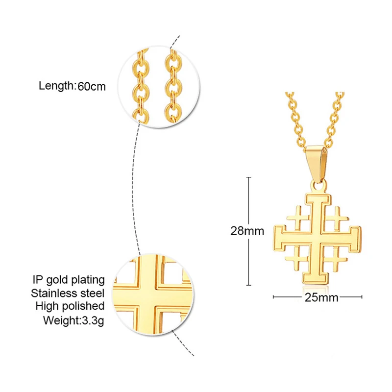 Retro Jerusalem Cross Pendant Necklaces for Women, Gold Color Stainless Steel Necklace Prayer Jewelry