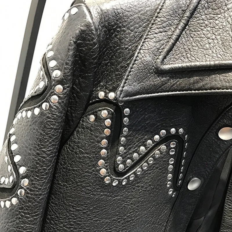 Luxury Heavy Work Rivet Tassel Real Leather Female jackets Moto Biker Single Breasted Lapel Womens Sheepskin Solid Short Coats