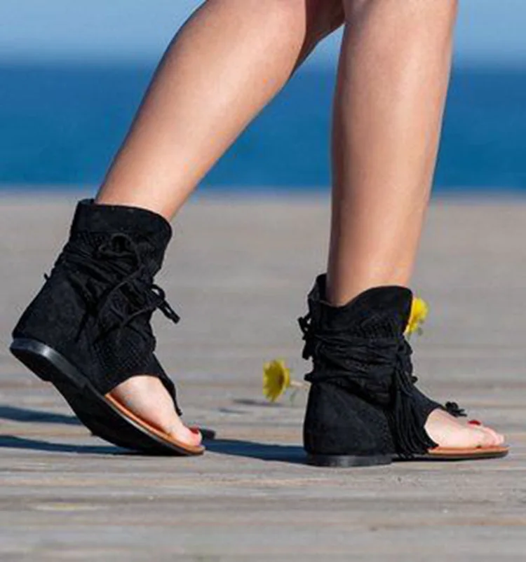 Sandalias Retro con borlas para Mujer, zapatos planos bohemios de verano, zapatos de playa con cordones para Mujer, Sandalias para Mujer 2020,