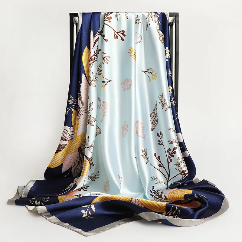 Foulard carré en soie pour femmes, 90x90cm, Foulard de styliste de mode, belles fleurs, en Satin doux, châle, pour le cou