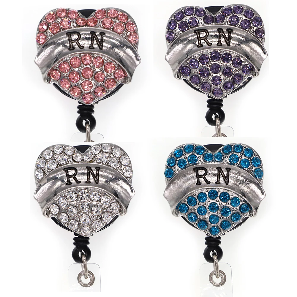 10 pcs/lot Free Shipping Mix Color Heart Shaped RN Rhinestone Retractable Id Badge Holder Reel For Nurse Accessories