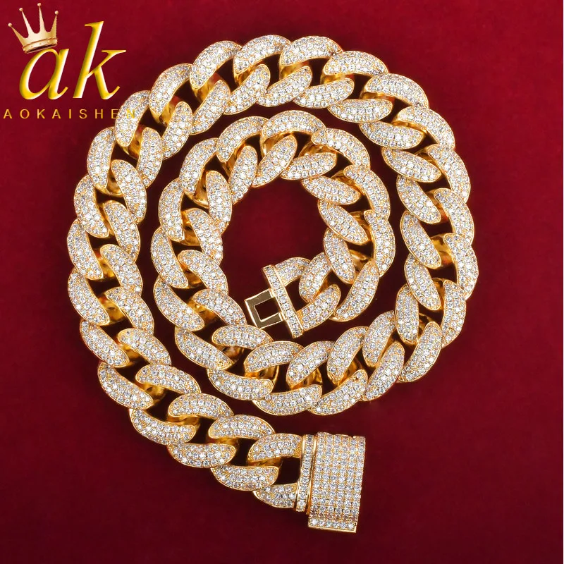 Aokaishen Man Chain Miami Cuban Link Necklace Choker Iced Out AAAA Zircon Hip Hop Rock Jewelry Gold Color Charms