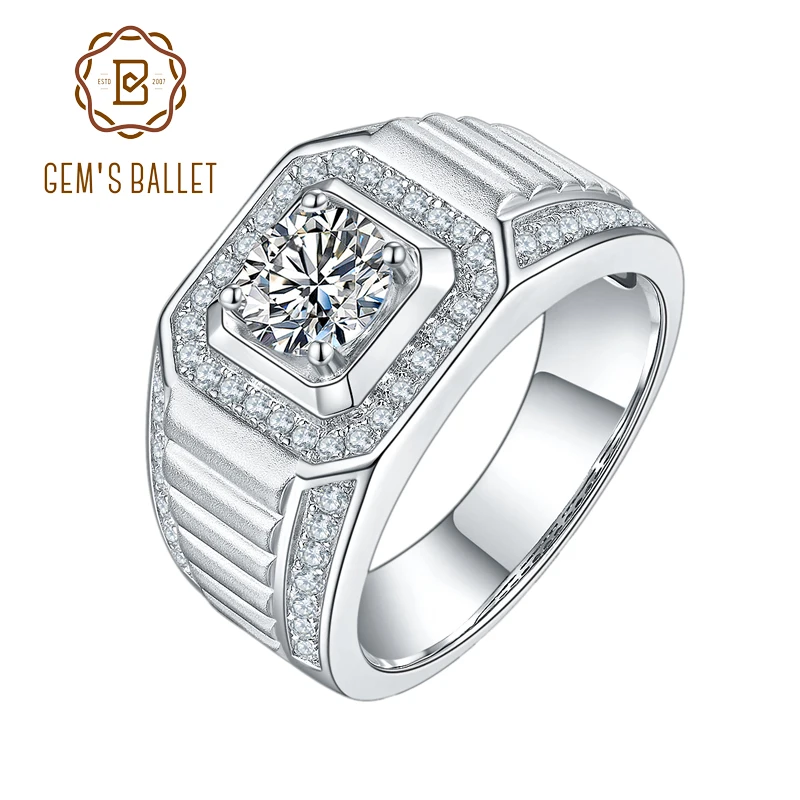 GEM'S BALLET 1Ct 6.5mm Round Moissanite Diamond Men's Wedding Ring 925 Sterling Silver Moissanite Ring For Men with certificate