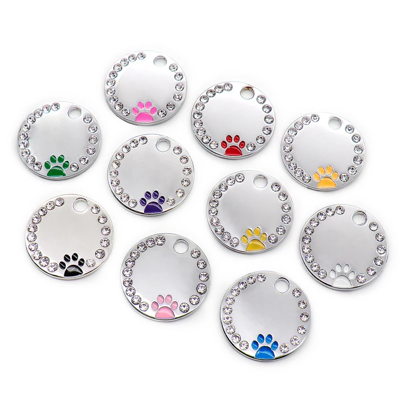 Wholesale 100/50Pcs Rhinestone Dog ID Tags Pet Pawstrip Blank Dog ID Tag For Puppy Kitten Collar Pendant Nameplate Paw Tags