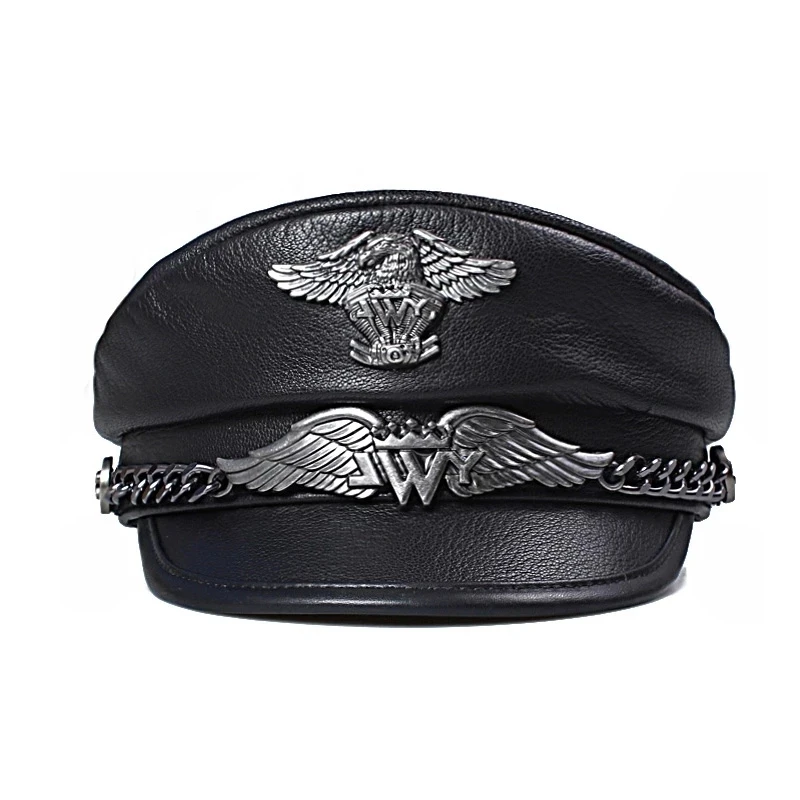 Exclusive German Military Cap Man Genuine Leather Flat Top Hat Korean Fashion Eagle Mark Chain Punk Locomotive Casquette Male