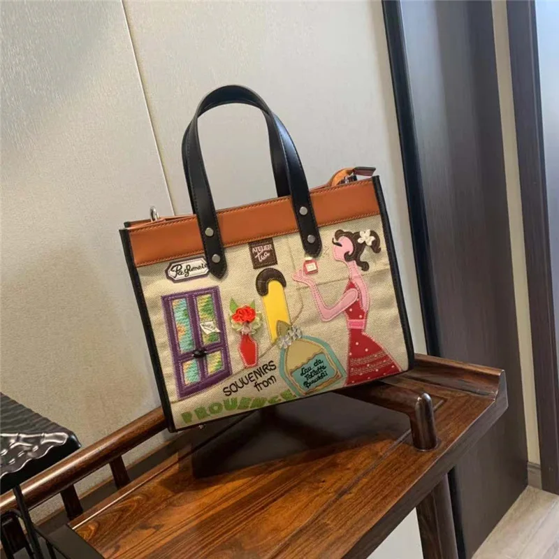 Cute Cartoon Design Ladies Totes Embroidered Large Capacity Handbags Fashion Women Shoulder Bag Purses Canvas Stitching Chic