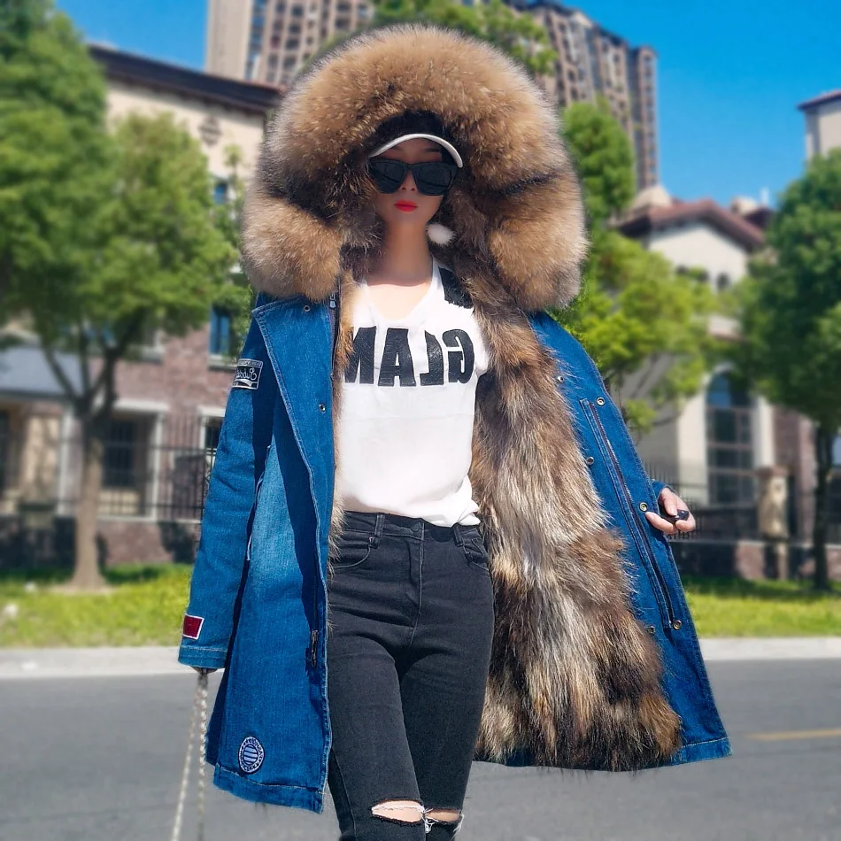 Maomaokong-Casaco de pele de guaxinim real para mulheres, casacos jeans raposa, casacos de inverno, parkas com capuz