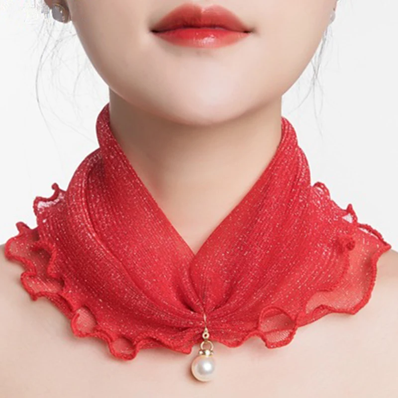 Fashion Lace Variety Scarf Neck Collar Creative Fake Pearl Pendant Scarf Chiffon Loop Scarf Headband Women Clothing Accessories