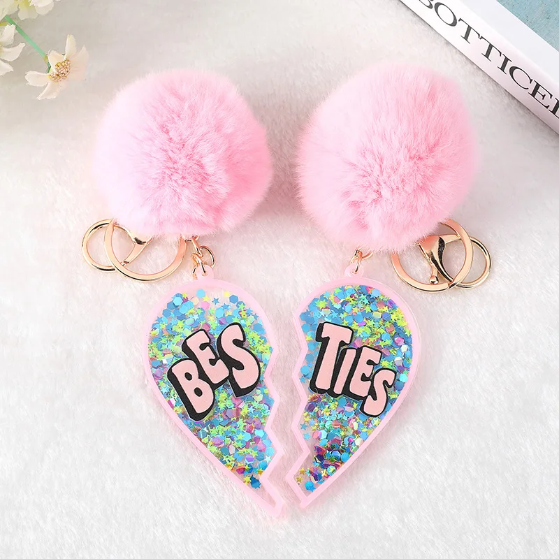 1 Pair/Lot BFF Style Pompom  Keychain Lovers Besties Keyring with Puffer Ball Hollow Out Acrylic Best Friends Handbag Charms