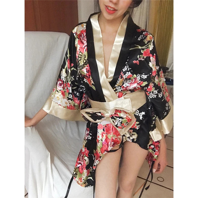 Japanese Kimono Cardigan Dress for Women Sexy Floral Print Yukata Asian Obi Sleepwear Traditional Geisha Robe Vintage Clothes