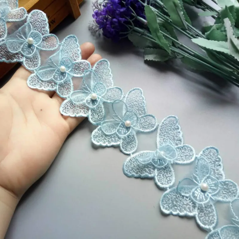 1 yard 3D Blue Butterfly Bowknot Pearl Embroidered Lace Trim Fabric Lace Ribbon Handmade DIY Sewing Craft For Costume Hat