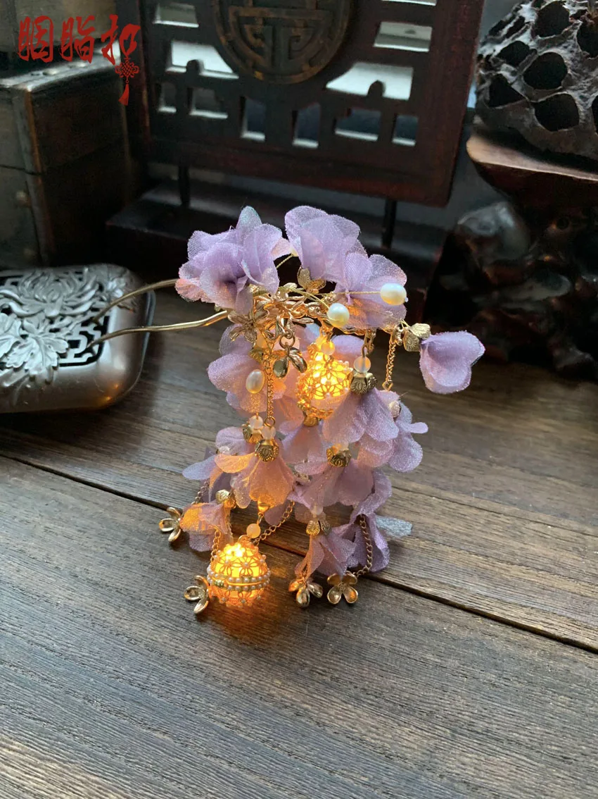 

YZK Illuminating Flower Lantern Lighting Handmade Hair Jewelry Organza Yarn Flowers Original Hanfu Hair Sticks TV Play Cosplay