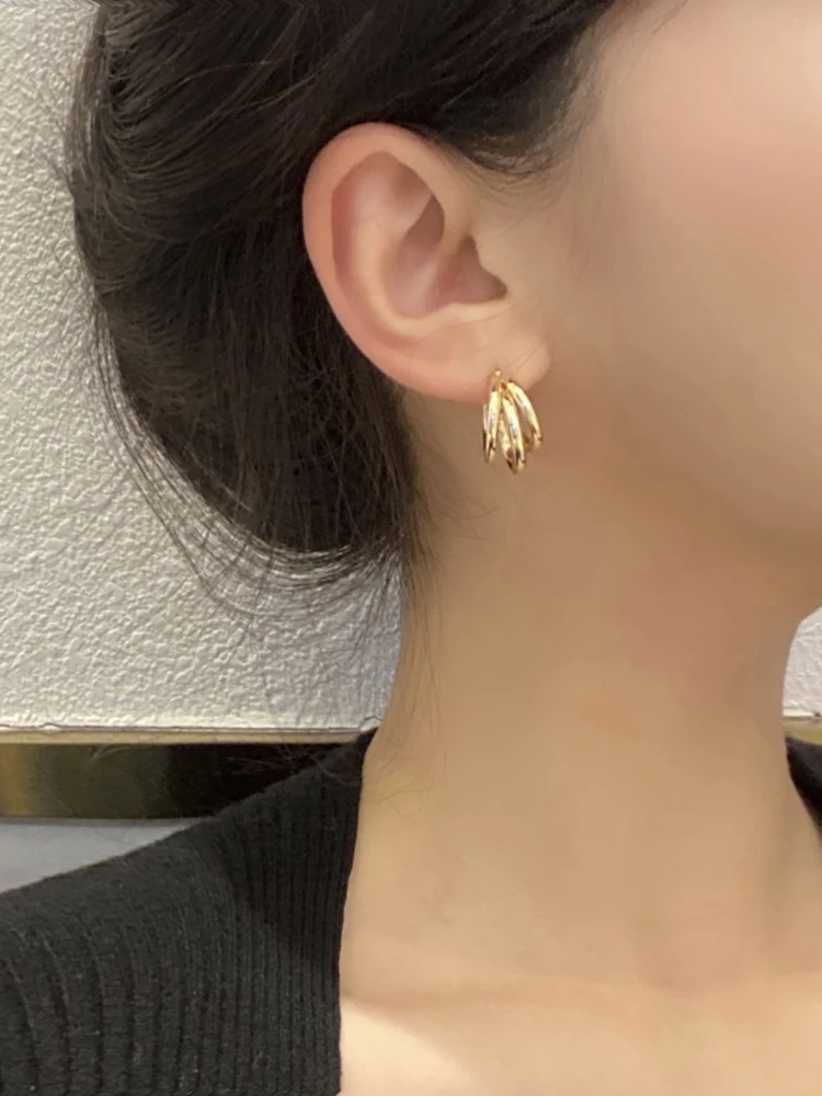 

925 Silver Needle Trendy Jewelry Metal Earring Popular Design There layer Shiny Gold Color Women Earrings For Girl Lady Gifts