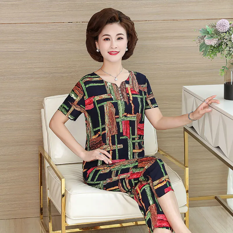 Middle-Aged Mother Suit Cotton Silk Printed T-Shirt 2 Piece Set Pants Set 2021 New Summer Fashion Women\'s Suit Mother Dress W817